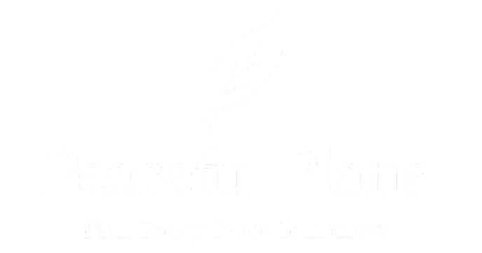 Peaceful Plans logo with a leaf symbol, emphasizing planning for funerals and burial insurance in Iowa, promoting peace of mind and clarity for end-of-life wishes.